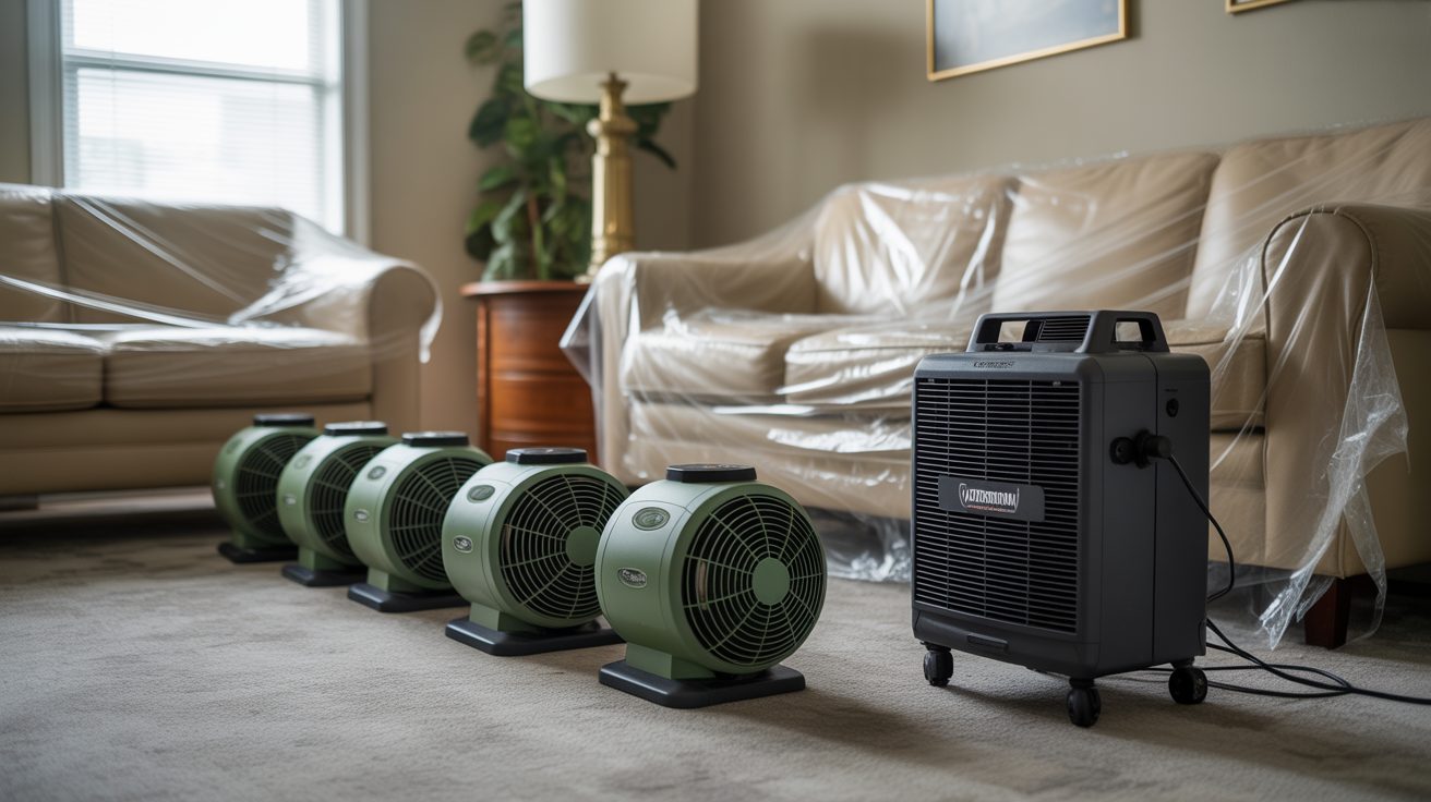 Commercial water damage equipment staged inside a Austin home